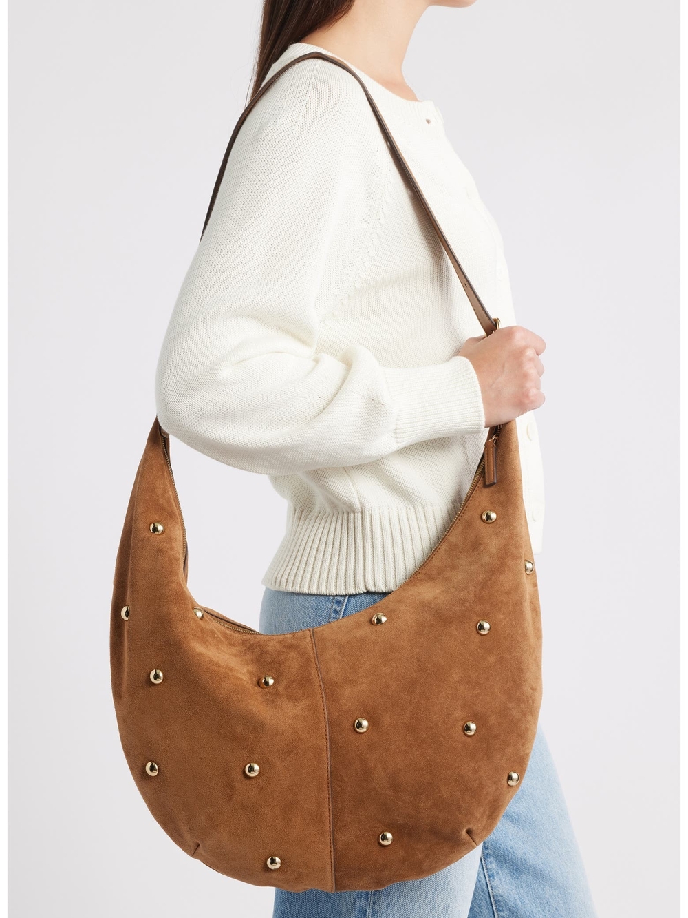 The Essential Curve Suede Shoulder Bag- Studded For Fall/ Winter
